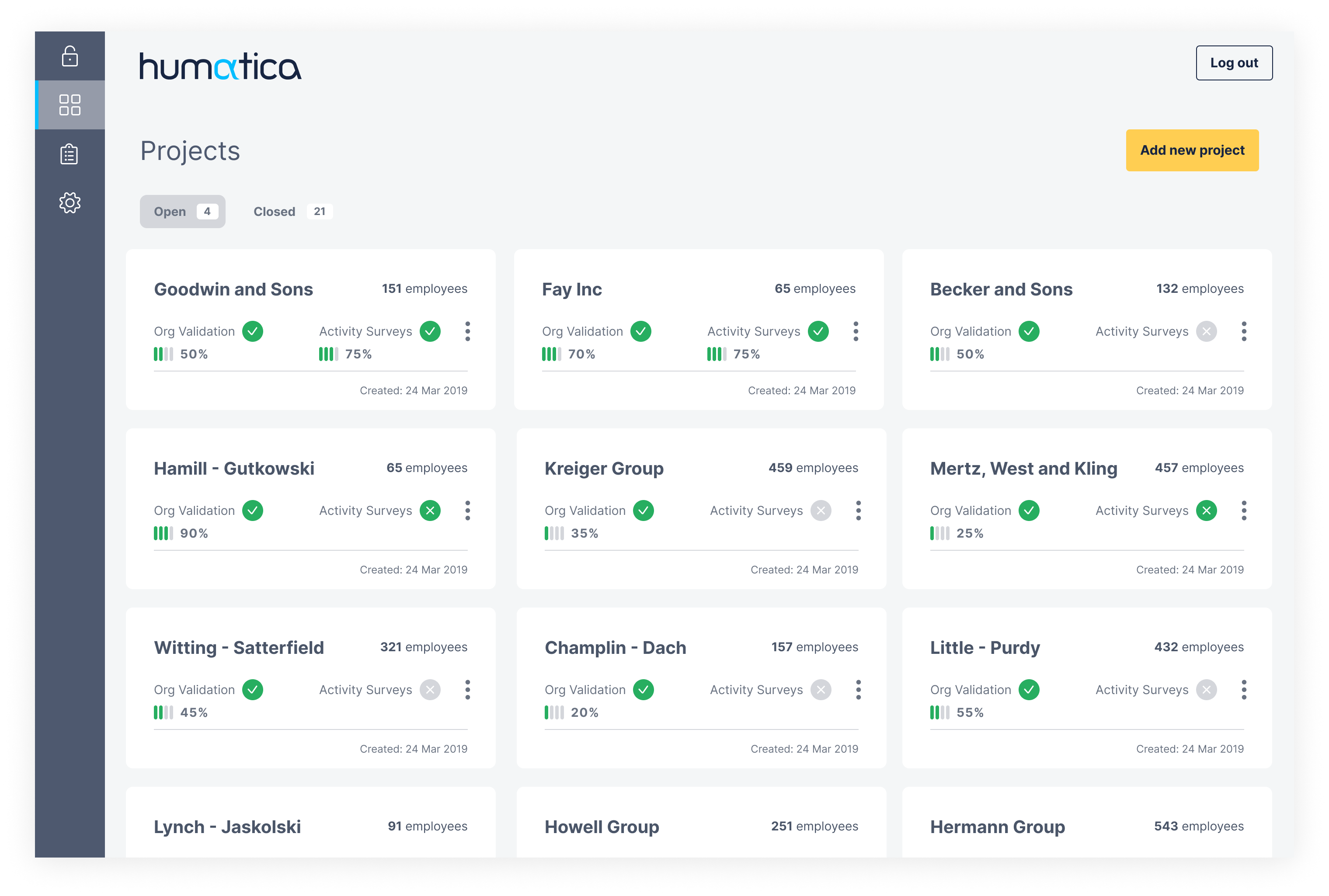 Humatica list of projects pannel