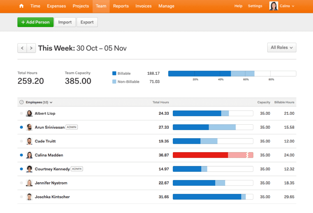 Harvest Web interface for a project manager