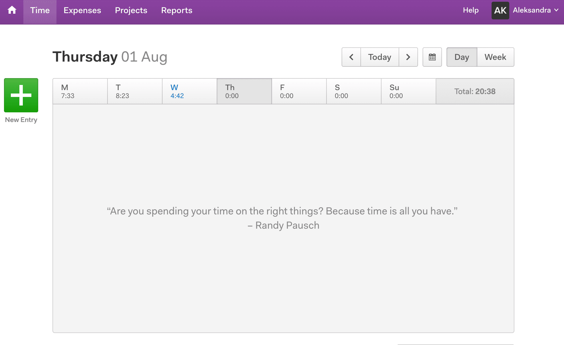 Harvest Web interface for an employee