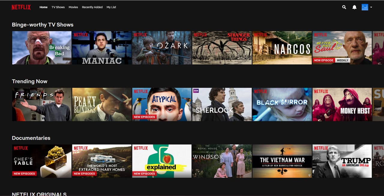 Screen from Netflix landing page