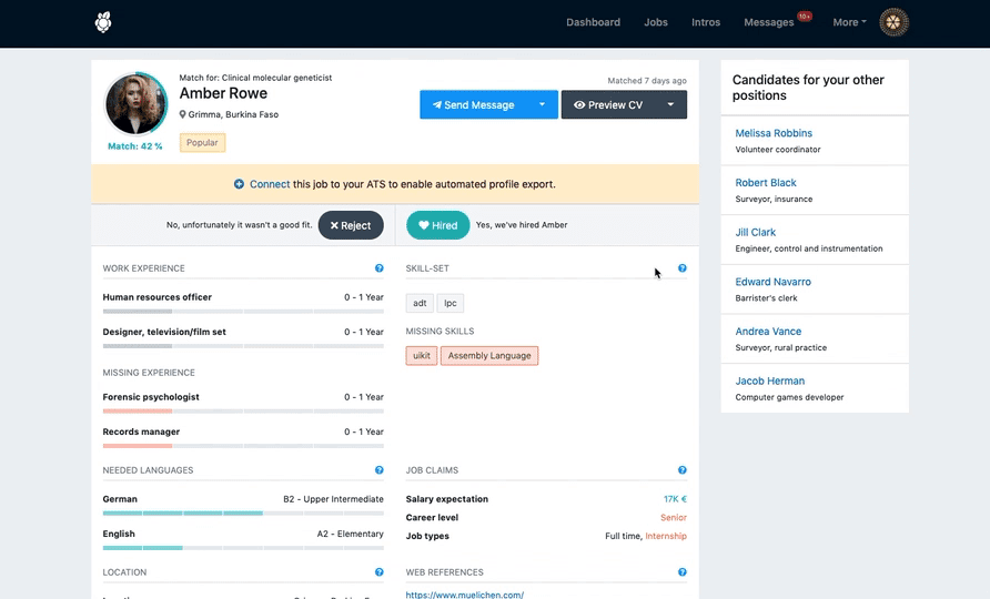 MoBerries dashboard - matching candidate