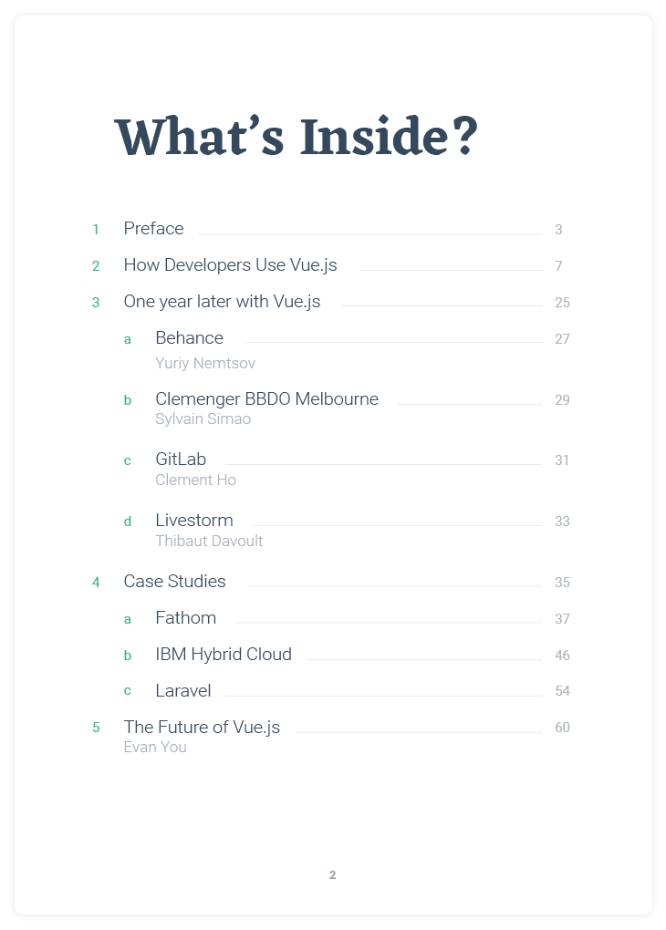 Table on contents - State of Vue.js report