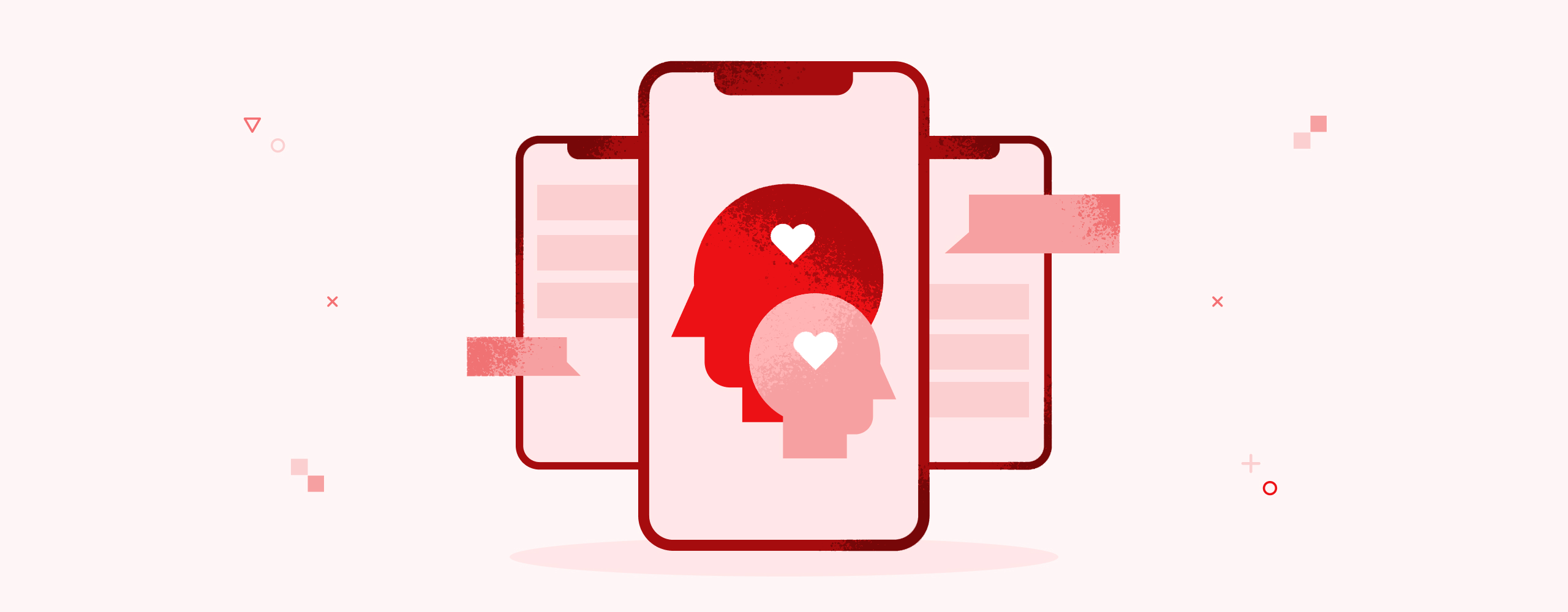 An illustration with three mobile phones with head silhouttes on their screens