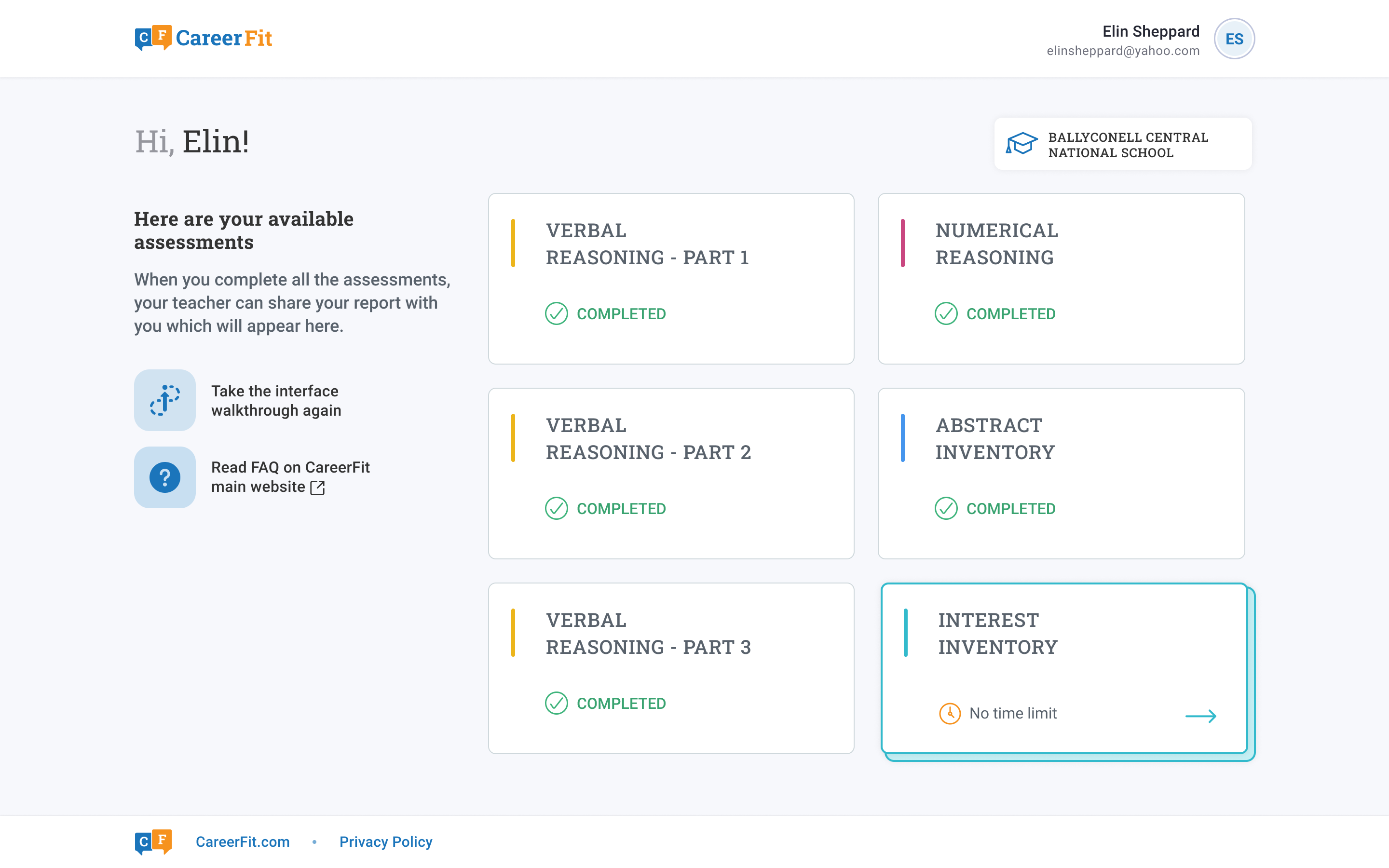 Student - interest inventory - CareerFit app