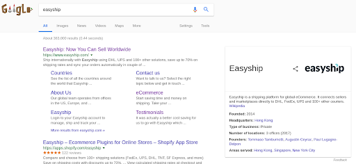 Easyship website's graph in Google